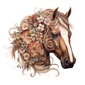 Brown Horse With Flowers Fabric Panel Square ~ 4,5,6, 8, 10, 12, 14, inch fabric panel for sewing projects