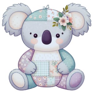 May include: A plush koala toy featuring a patchwork design in soft pastel shades of blue, purple, and green. The koala has large round ears, a dark purple nose, and a floral arrangement on its head. The body is composed of various fabric patterns.