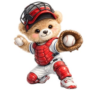 May include: A tan teddy bear figurine dressed as a baseball catcher, wearing a red chest protector, red leg guards, and a black and red catcher's mask. The bear holds a white baseball in one hand and wears a brown leather baseball glove on the other.