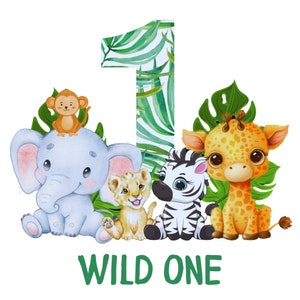 May include: A watercolor illustration of a jungle-themed first birthday party. The number one is made of green leaves and surrounded by a monkey, elephant, lion, zebra, and giraffe. The text "WILD ONE" is written below the animals.