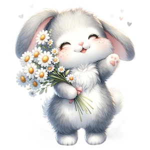 May include: A cute gray bunny rabbit holding a bouquet of white daisies with green stems. The bunny has a pink nose and is smiling.
