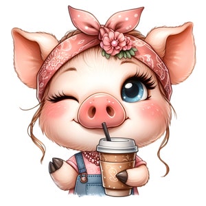 May include: A pink pig with a pink bandana and a flower on its head is winking and holding a brown paper cup with a straw. The pig is wearing a blue overall.