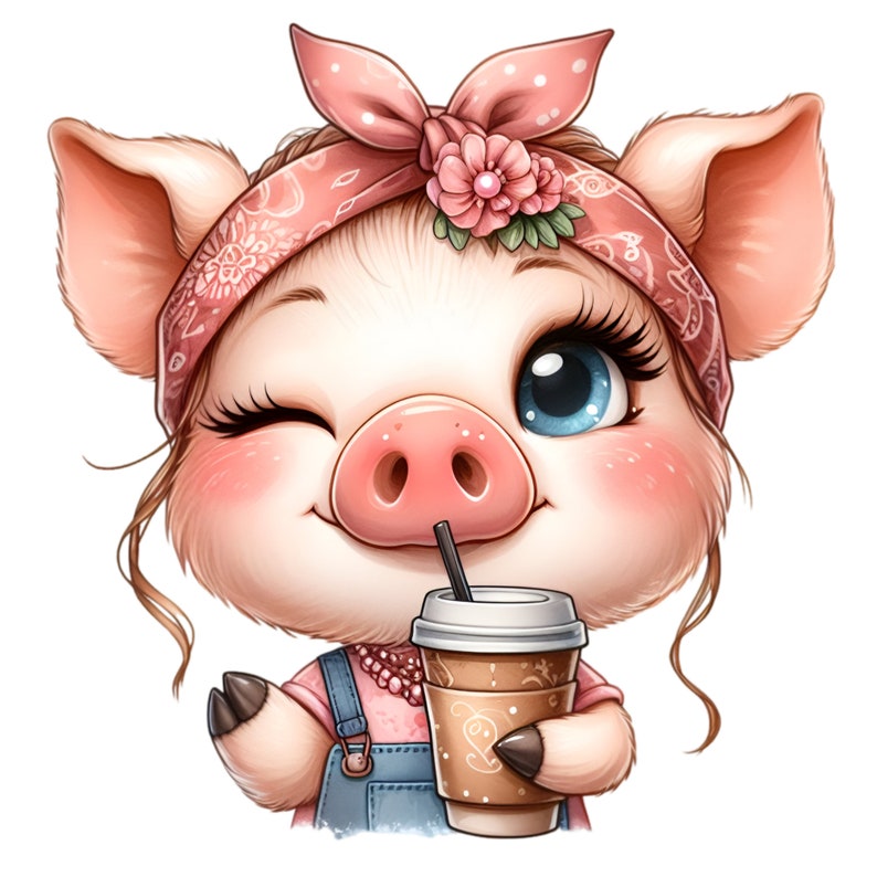 May include: A pink pig with a pink bandana and a flower on its head is winking and holding a brown paper cup with a straw. The pig is wearing a blue overall.