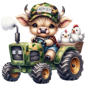 May include: A whimsical illustration of a calf driving a green camouflage tractor. The calf wears a "Farm Boy" hat and overalls, with a plaid shirt. Two chicks ride in a wooden cart behind the tractor. The tractor emits a puff of white smoke.