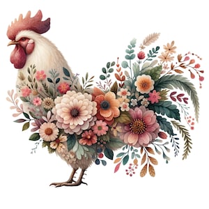 May include: A white rooster illustration featuring a body composed of various blooming flowers in shades of pink, peach, and cream, accented with green foliage and fern-like leaves, set against a plain white background.
