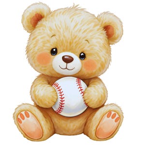 May include: A fluffy light brown teddy bear with rosy cheeks and dark eyes sitting upright. The bear is holding a white baseball with prominent red stitching in its paws. The bear has light orange paw pads on its feet and rounded ears.