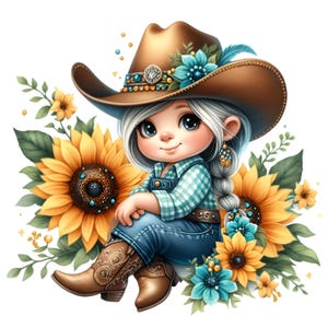 May include: A cartoon character with white hair in a braid, wearing a brown cowboy hat with a turquoise band, a light blue plaid shirt, and blue denim overalls. The character wears brown cowboy boots and is surrounded by yellow sunflowers.