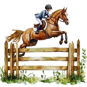May include: Watercolor illustration of a horse jumping over a wooden fence. The horse is brown with a rider wearing a blue jacket, white pants, and a black helmet. Green foliage and grass are at the base of the fence.