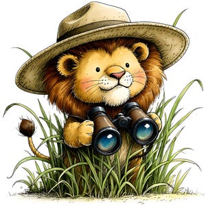 May include: A cartoon lion wearing a safari hat and holding binoculars, set against a backdrop of green grass. The lion has a tan hat, brown fur, and a friendly expression. The binoculars are brown with blue lenses.