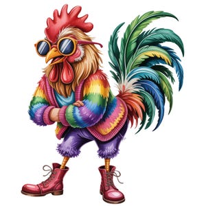 May include: A colorful illustration of a rooster wearing sunglasses, a rainbow-striped sweater, purple pants, and red boots. The rooster has a red comb and wattle, and its tail feathers display a vibrant array of colors. The rooster is standing with its arms crossed.