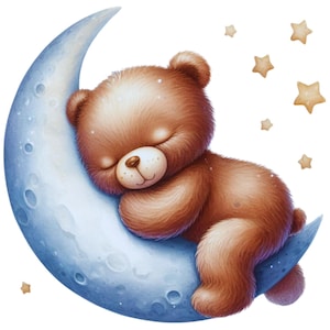 May include: A brown teddy bear sleeping on a blue crescent moon with white stars on a white background.