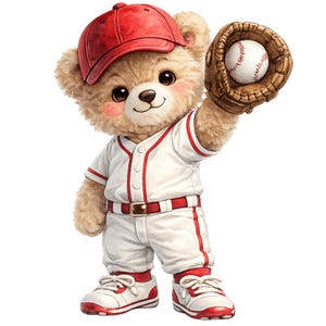 May include: A light brown teddy bear wearing a red baseball cap and a white baseball uniform with red trim. The bear holds a brown leather baseball glove containing a white baseball with red stitching on its left paw, standing on white sneakers.