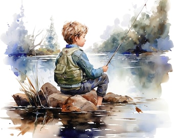May include: Watercolor painting of a child fishing. The child, wearing a denim jacket and a green vest, sits on rocks at the water's edge, holding a fishing rod. The scene is set against a backdrop of a lake and trees, with soft blues and greens.