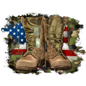 May include: A pair of brown leather military boots with dog tags hanging from the laces. The boots are set against a background of an American flag with camouflage.
