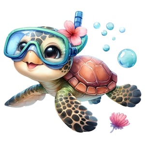 May include: A cartoon sea turtle wearing a blue and green diving mask and snorkel, with a pink flower on its head. The turtle is swimming in the water, surrounded by bubbles.