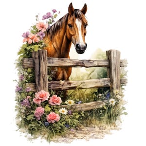 May include: A brown horse with a white blaze on its face peering over a weathered wooden fence. The scene is decorated with clusters of pink, purple, and white flowers and green foliage surrounding the fence posts and base of the structure.
