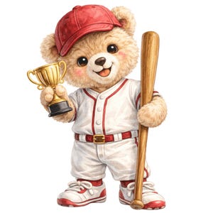 May include: A light brown teddy bear wearing a red baseball cap and a white baseball uniform with red trim. The bear holds a gold trophy in one hand and a wooden baseball bat in the other, while wearing white sneakers with red accents.