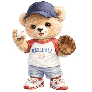 May include: A fluffy tan teddy bear wearing a blue baseball cap, a white t-shirt with red sleeves featuring the word BASEBALL and a ball graphic, light blue shorts, and white sneakers. The bear holds a white baseball and a brown leather glove.
