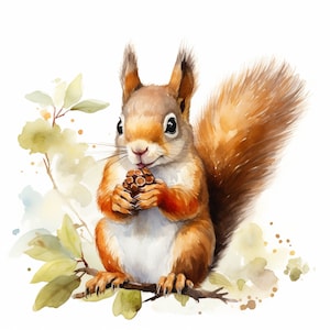 May include: A watercolor painting of a red squirrel sitting on a branch, holding a pine cone in its paws. The squirrel has a bushy tail and is looking at the viewer. The background is a watercolor wash of green and brown.