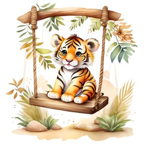 May include: A cute cartoon tiger cub sits on a wooden swing set against a watercolor background of green leaves and flowers.