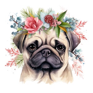 Cute Pug Dog With Flowers -Fabric Panel Square ~ 4,5,6, 8, 10, 12, 14,  inch fabric panel for sewing projects