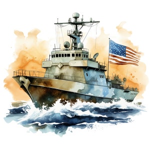 May include: A watercolor painting of a grey and blue warship with an American flag flying from the mast. The ship is sailing through blue water with white foam.