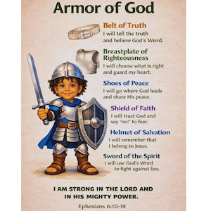 May include: A poster titled Armor of God featuring a child in medieval armor holding a sword and shield. It lists the Belt of Truth, Breastplate of Righteousness, Shoes of Peace, Shield of Faith, Helmet of Salvation, and Sword of the Spirit with text.