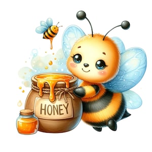 May include: A cute cartoon bee with blue wings holds a brown honey jar with a yellow lid and dripping honey. The jar has the word "HONEY" written on it. A small bee with yellow and black stripes flies above the jar.