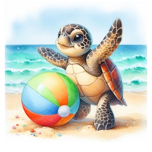 May include: A small, green sea turtle with a red shell is standing on a sandy beach with a colorful beach ball. The turtle is smiling and has its arms outstretched.