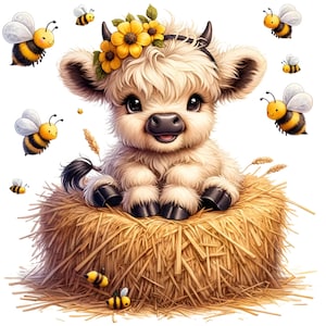 May include: A white fluffy Highland cow calf with a flower crown sits in a pile of hay.  The calf is surrounded by yellow and black bees.