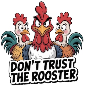 May include: A cartoon illustration featuring three roosters with red combs and waddles. The central rooster has an angry expression. The text "DON'T TRUST THE ROOSTER" is displayed below the roosters.