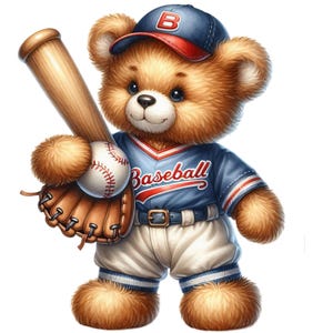 May include: A cartoon teddy bear wearing a baseball uniform, holding a baseball bat, glove, and ball. The bear is wearing a blue cap with a red brim and the letter "B". The uniform is blue and white with the word "Baseball" on the front.