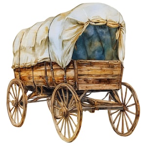 May include: A watercolor illustration of a wooden covered wagon featuring a brown timber frame, four large spoked wheels, and a draped off-white canvas top. The interior of the wagon is shaded in deep blue tones, contrasting with the natural wood.