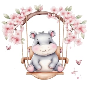 May include: A gray cartoon hippopotamus with pink cheeks sits on a wooden swing suspended from a branch covered in light pink cherry blossoms. Two small pink butterflies are positioned near the swing, which features rope supports and a smooth seat.