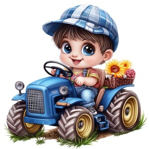 May include: A cartoon illustration of a young child wearing a blue and white plaid cap driving a blue toy tractor with a basket of sunflowers in the back.