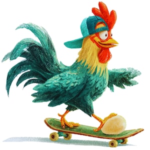 May include: A cartoon illustration of a rooster skateboarding. The rooster has teal feathers, a red comb, and a blue cap. The skateboard is green with yellow wheels, and an egg is on the board.