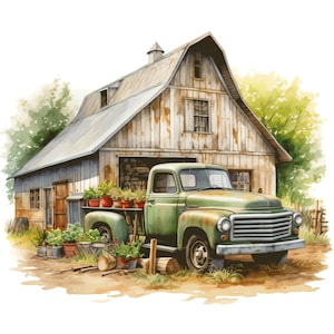May include: A vintage green pickup truck with a wooden bed is parked in front of a weathered wooden barn. The truck is loaded with potted plants and has a rustic charm.