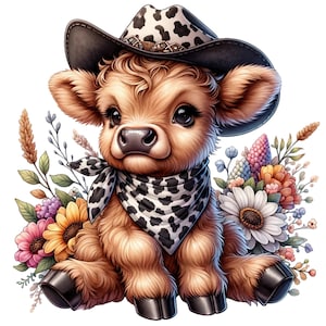 May include: A fluffy brown calf wearing a black and white cow-print cowboy hat and a matching cow-print bandana around its neck. The calf is surrounded by a colorful arrangement of various flowers, including sunflowers, daisies, and wheat stalks.