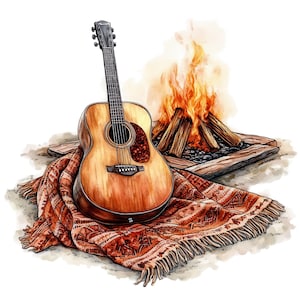 May include: A light brown acoustic guitar with a dark pickguard rests on a folded orange and brown patterned blanket with fringe edges, positioned in front of a bright orange and yellow campfire with stacked logs and glowing embers.