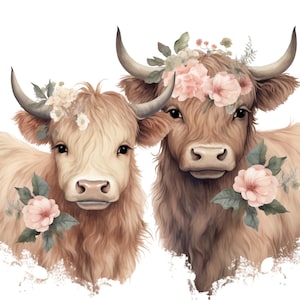 2 Highland Cows Fabric Panel Square ~4&quot;x4&quot;,5x5, 6x6, 8x8, 10x10, 12x12, 14x14 inch fabric panel for sewing projects