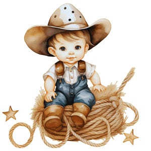 May include: A watercolor illustration of a child wearing a brown cowboy hat, a white collared shirt, and blue denim overalls with brown boots. The child is sitting on a coiled brown rope, accompanied by two small, five-pointed wooden stars.