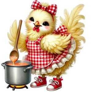 Chick Making Soup - Fabric Panel Square ~4"x4",5x5, 6x6, 8x8, 10x10, 12x12, 14x14 inch fabric panel for sewing projects