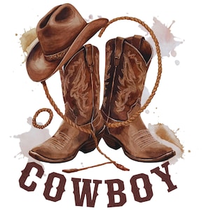 May include: Watercolor illustration of cowboy boots, a hat, and a rope. The brown boots have decorative stitching. A brown cowboy hat sits above the boots. The word "COWBOY" is printed in a brown, stylized font.