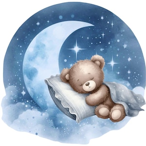 May include: A brown teddy bear sleeping on a white pillow with a blue blanket, under a crescent moon with stars in a blue sky.