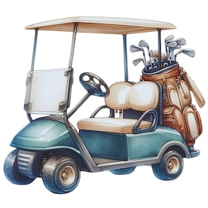 May include: A green golf cart with a beige seat and a brown golf bag filled with golf clubs. The cart has a white windshield and a beige canopy.