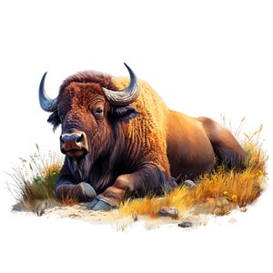 May include: A large brown bison with thick fur and curved horns resting in a patch of dry golden grass. The animal has a dark brown head and shoulders with lighter tan fur on its back, and it is lying down on a patch of light-colored earth.