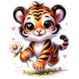 May include: A cartoon illustration of a cute orange and black striped tiger cub with big blue eyes holding a white daisy. The tiger is walking towards the viewer with a happy expression. The background is white with pink hearts.