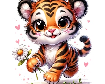 May include: A cartoon illustration of a cute orange and black striped tiger cub with big blue eyes holding a white daisy. The tiger is walking towards the viewer with a happy expression. The background is white with pink hearts.