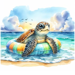 May include: Watercolor illustration of a sea turtle floating in a colorful inflatable ring in the ocean. The turtle has a brown shell and is surrounded by blue water, a sandy beach, and a cloudy sky.