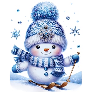 May include: A whimsical snowman illustration. The snowman wears a blue and white knit hat with a pom-pom, a matching scarf, and mittens. It has a carrot nose, coal eyes, and is skiing on wooden skis. Decorative snowflakes and gems surround the snowman.